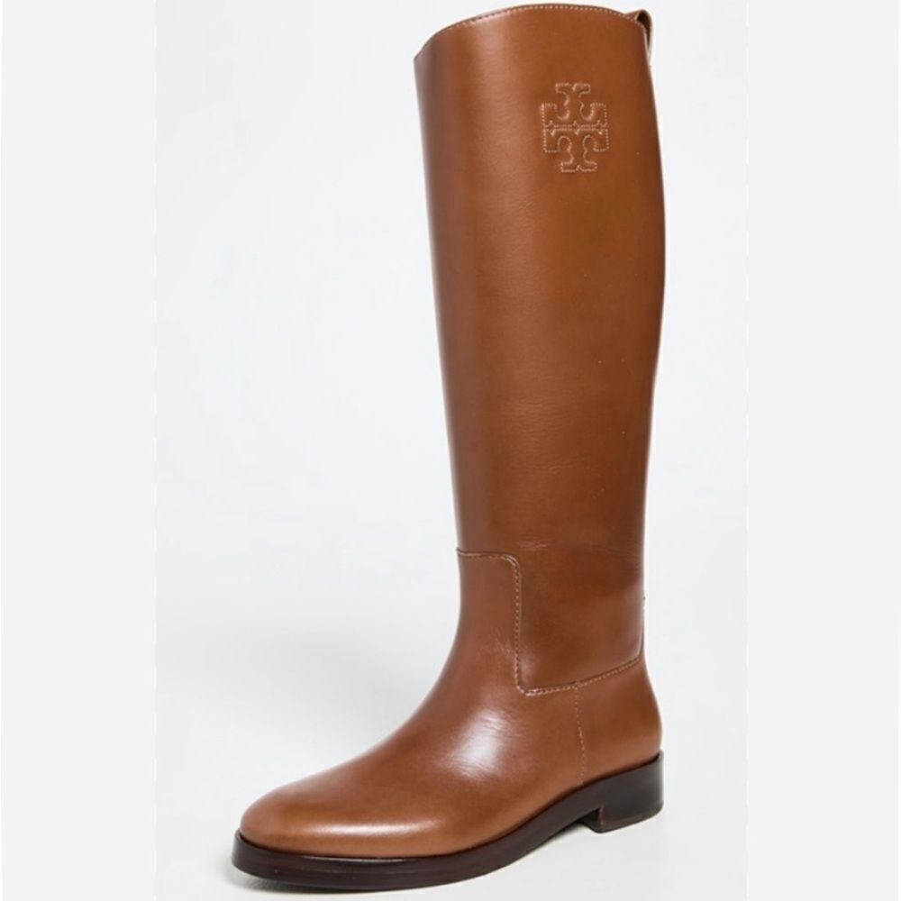 NWT Tory Burch soft leather tall riding boots with logo stitch accent at collar - Picture 2 of 11